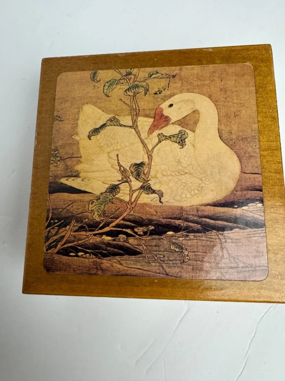 Vintage Chinese Wooden Jewelry Trinket Box White Goose Red Polygonum